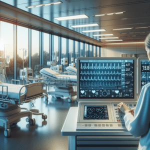 Hospital room with alrge windows and hospital beds