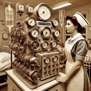 A mid-20th-century positive pressure ventilator in use.