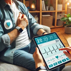 A patient wearing a medical-grade ECG patch for heart monitoring.