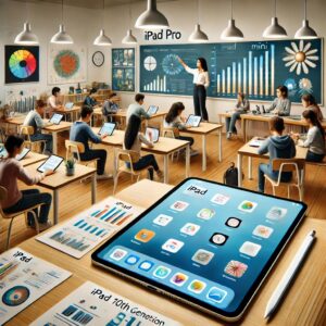 iPad sitting on desk in a classroom with students