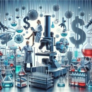 2 scientist surrounded by floating laboratory equipment