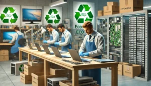 Men working on laptops on a desk in a warehouse
