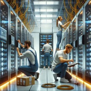 A-team-of-technicians-setting-up-equipment-in-a-new-data-center-environment.
