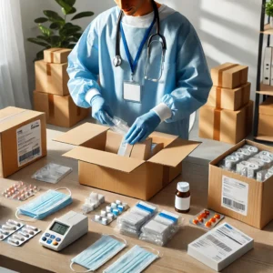 A-professional-healthcare-provider-carefully-packing-medical-supplies-for-shipping-