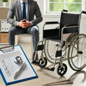 A-professional-office-setting-where-a-staff-member-is-inspecting-a-used-wheelchair