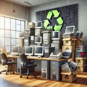 Electronics pilled onto desk