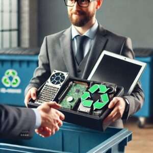 Man turning in electronics to recycle
