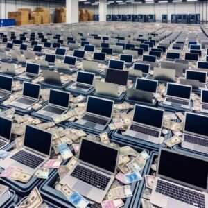 A warehouse full of Macbooks sitting on suitcase of money
