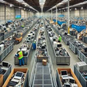 Warehouse full of bins with recycled electronincs