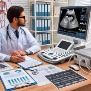 Doctor sitting at desk reading ultrasound 