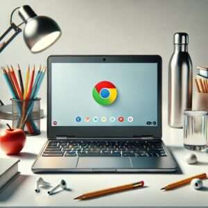 Chromebook sitting on desk with desk top items surrounding it