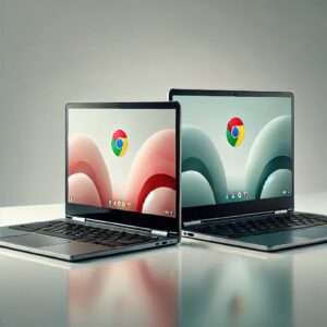 Two Chromebooks sitting next to each other in a blank room