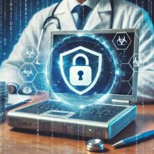 Computer with a lock on the screen sitting in front of a doctor 