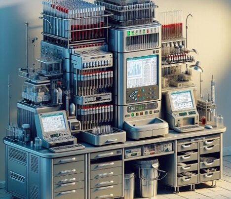 Lab equipment stacked on a desk