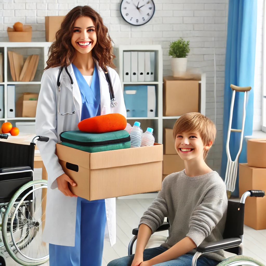 A-healthcare-worker-happily-receiving-donated-medical-equipment