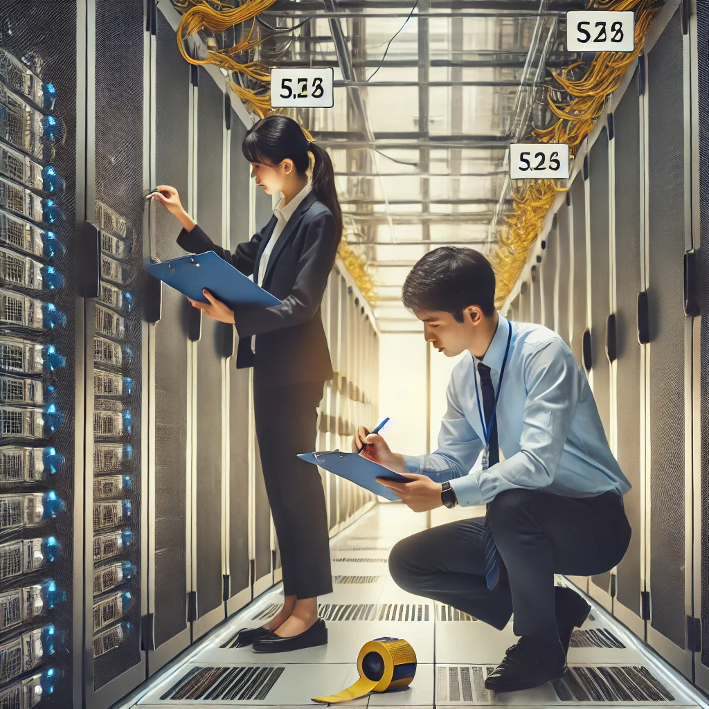 IT-professionals-in-a-server-room-labeling-and-organizing-server-equipment-before-relocation