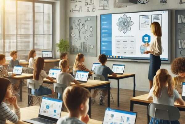 Students with laptops on desk and teacher in front of classroom