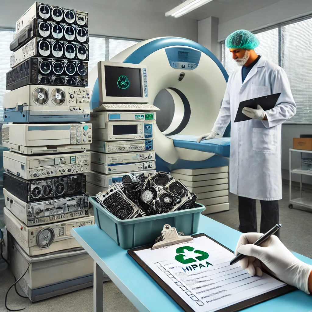 A-medical-facility-room-with-a-stack-of-decommissioned-medical-devices-including-old-MRI-hard-drives-ultrasound-machines-and-computers