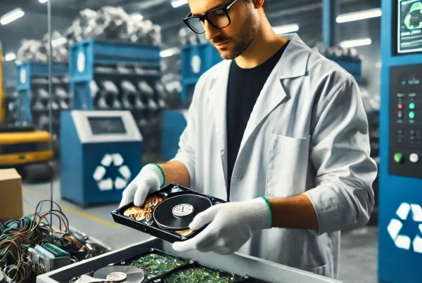 A-professional-IT-asset-disposition-ITAD-specialist-securely-handling-old-computer-hardware-and-hard-drives