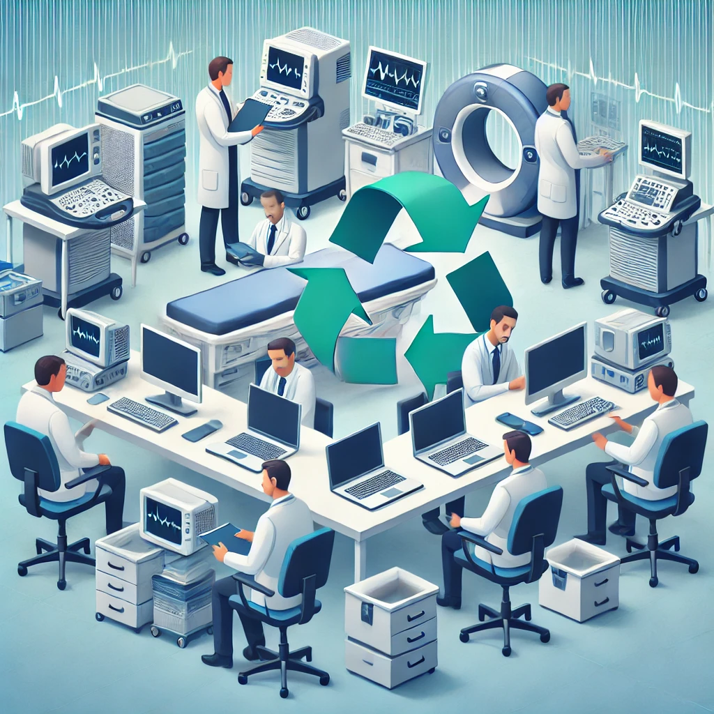 A-professional-setting-where-a-team-of-experts-is-inspecting-used-medical-equipment-for-liquidation