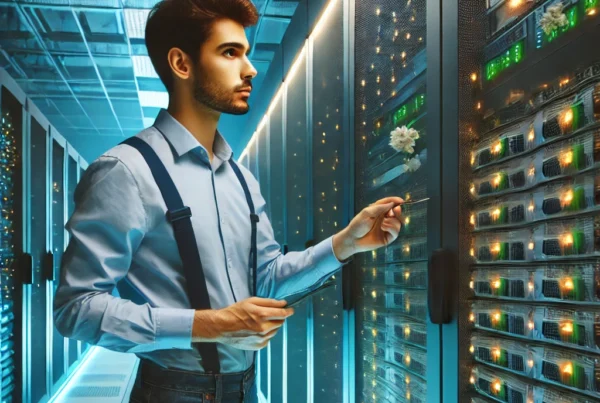 A-professional-IT-technician-in-a-data-center-inspecting-server-racks-showcasing-independent-maintenance-and-support-services