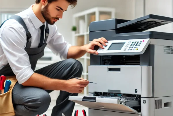 A-professional-technician-repairing-a-commercial-laser-printer-in-a-clean-office-environment