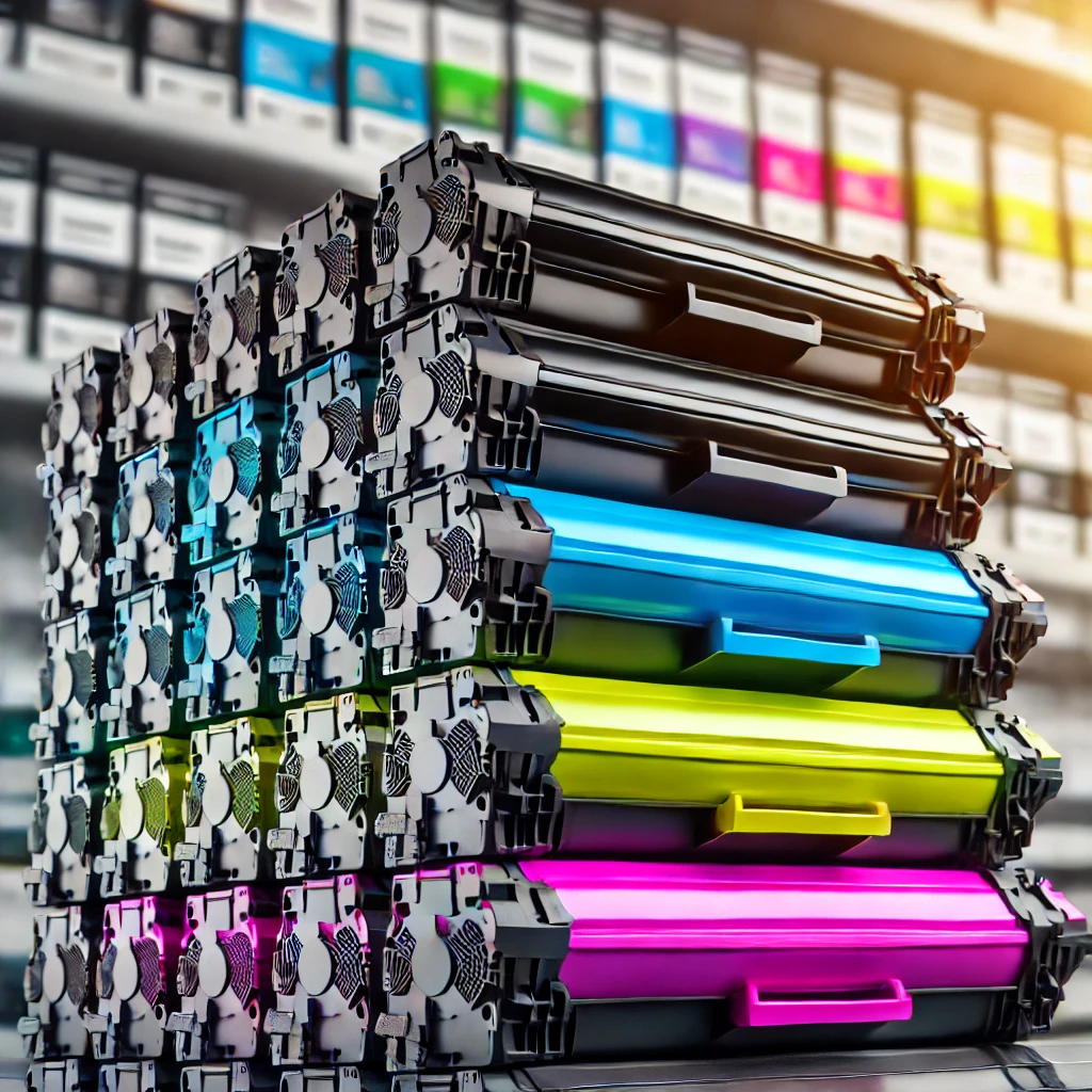 A-close-up-image-of-a-stack-of-printer-toner-cartridges-in-vibrant-colors-like-black-cyan-magenta-and-yellow.