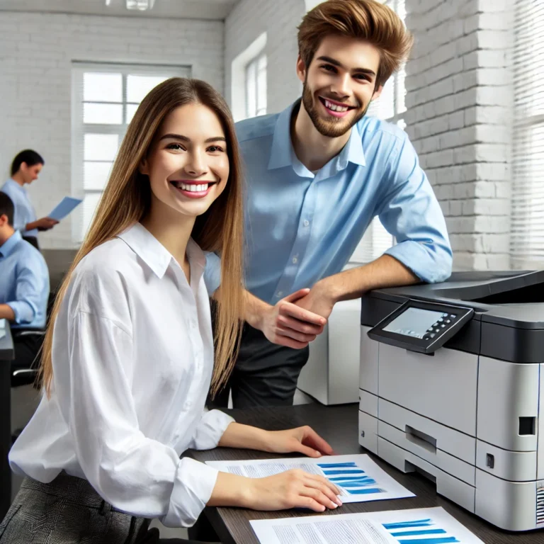Office-staff-smiling-and-printing-documents-with-ease-using-a-modern-laser-printer-in-a-clean-organized-office-environment