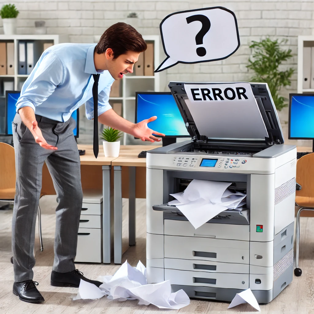 A-frustrated-office-worker-trying-to-fix-a-laser-printer-that-is-showing-an-error-message