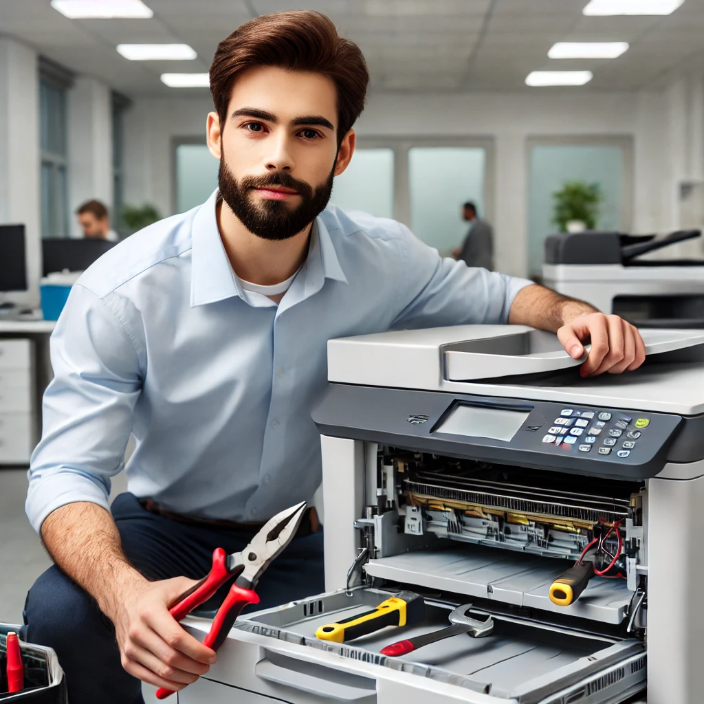 A-professional-printer-technician-repairing-a-large-office-laser-printer-with-tools-looking-confident-and-focused