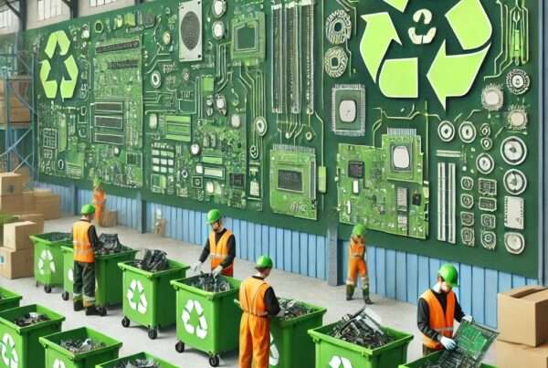 Huge recycle unit with workers filling recycle bins