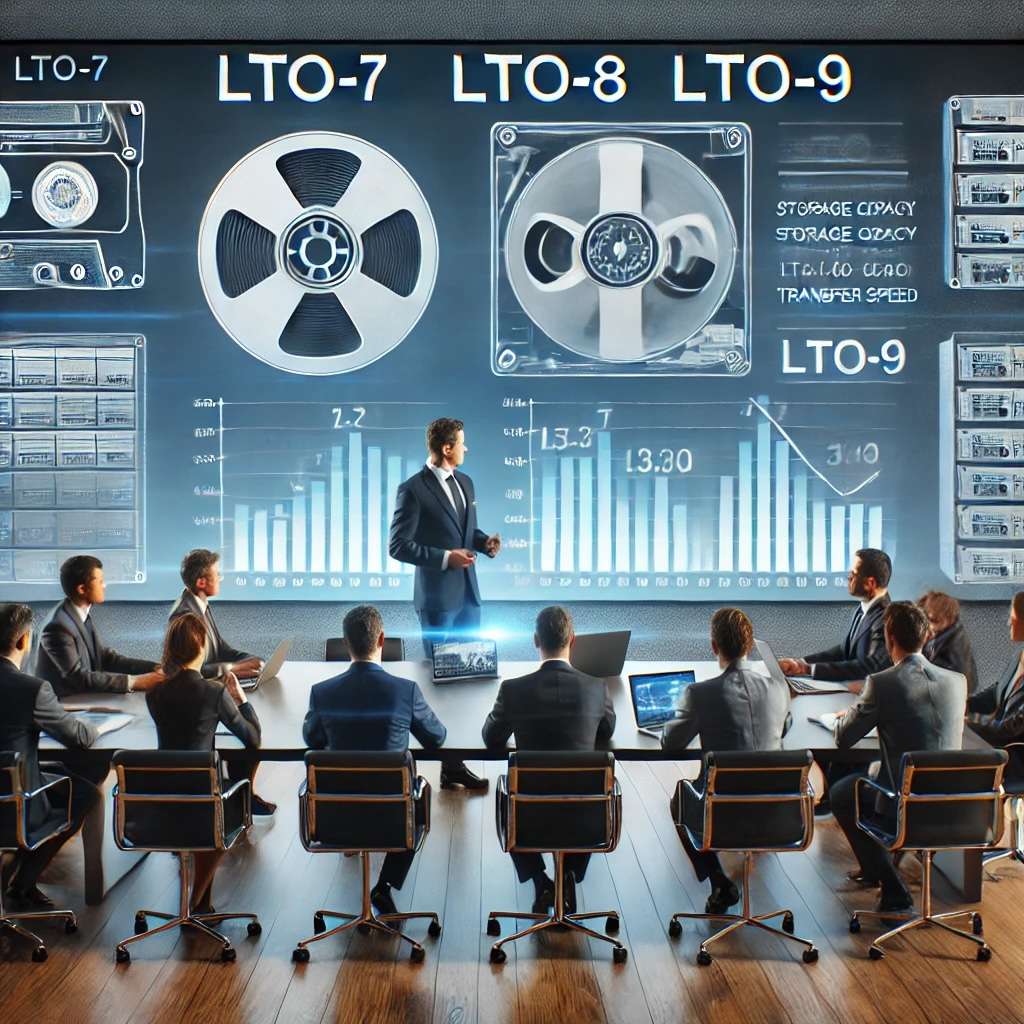 Group of people sitting around a table with LTO tapes on a screen in the background